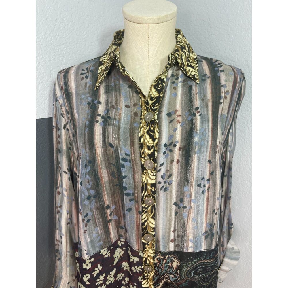 John Mark PM Mixed Print Patchwork Tunic Roll Tab Button Down Blouse Bird Artsy - Picture 3 of 14